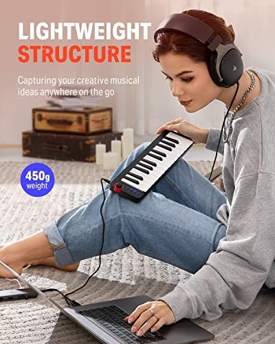 25-Key MIDI Keyboard Controller for Beginners - Velocity-Sensitive Keys & Light-