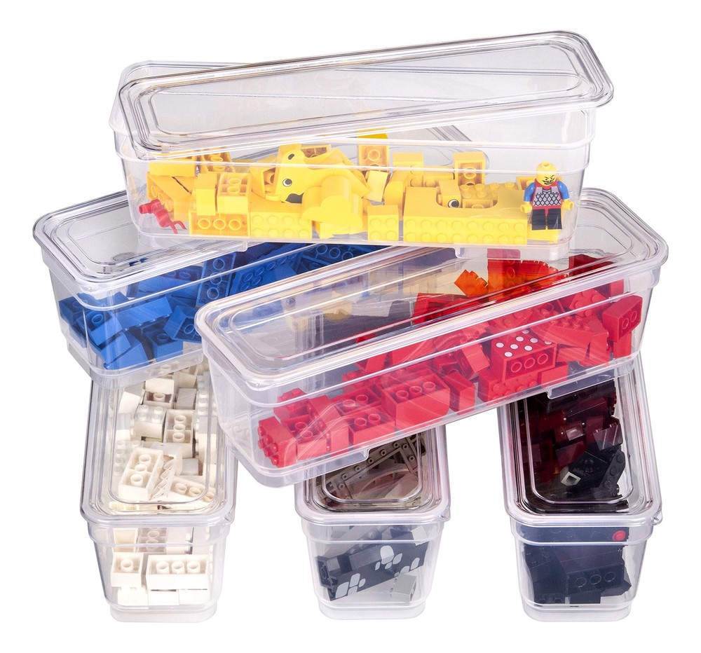 6 Bin Pack, Long Home Organizer Storage Boxes with Lids, Translucent Clear