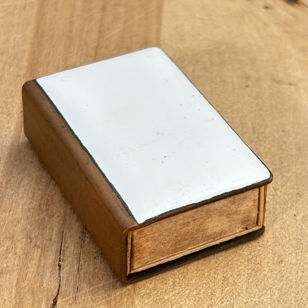 Vintage White Enamel on Copper Match Box Holder, 1.75"l