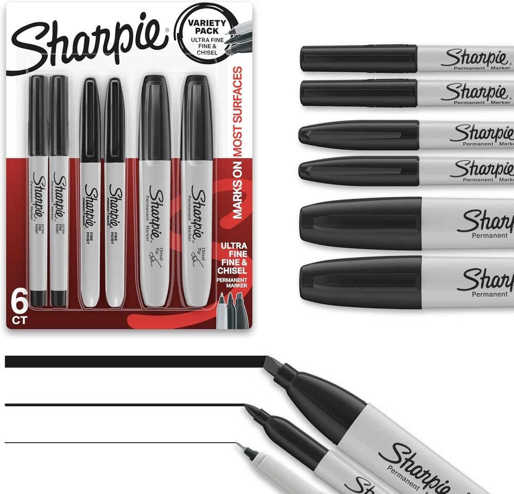 Water Resistant Black Permanent Marker Set - 6 Pieces with Multiple Tip Styles