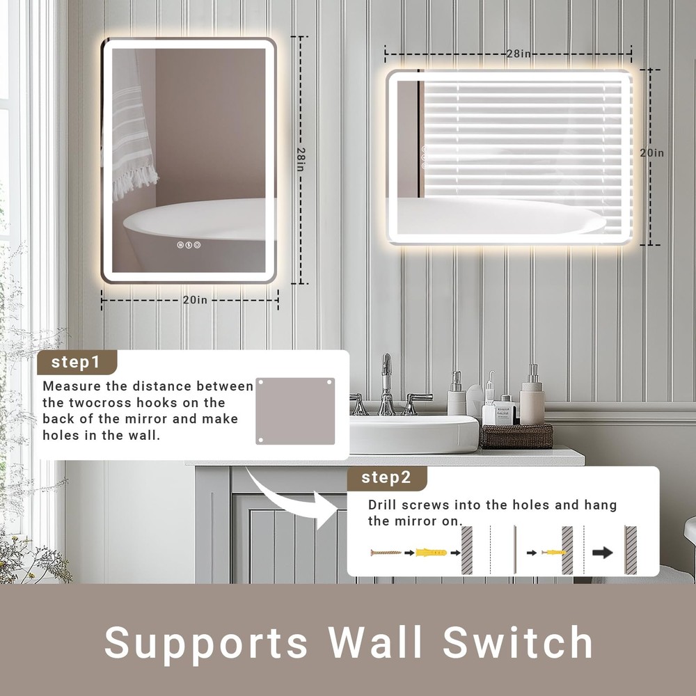 28"x 20" LED Bathroom Mirror with Stepless Dimmable, Backlight Wall Mirrors w...