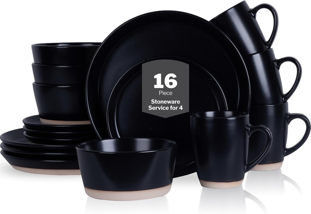 Jules 16-Piece Stoneware Dinnerware Set for 4 - Matte Black, Durable & Elegant