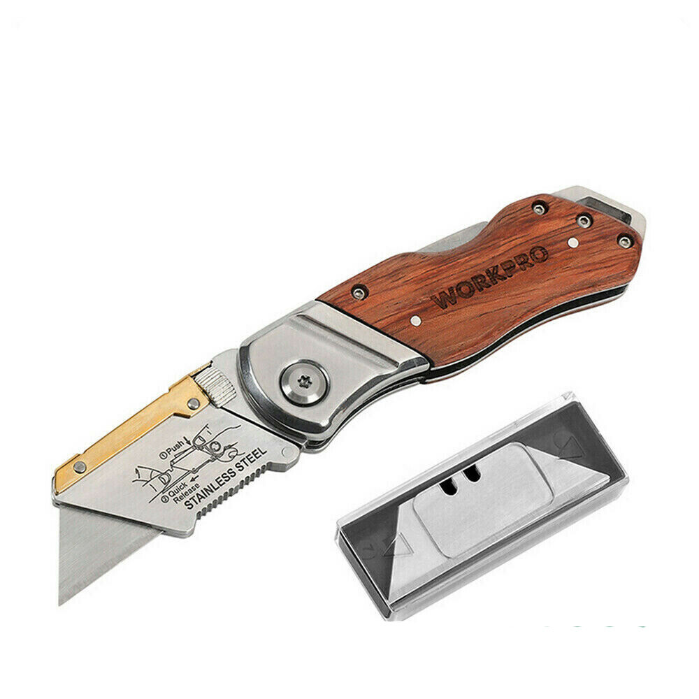 WORKPRO Folding Utility Knife Belt Clip&10Blades Wood Handle &Back Lock Plastic