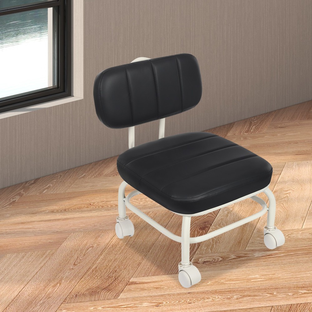 Black Low Rolling Stool, Roller Seat w/Universal Swivel Caster Wheels & Backrest