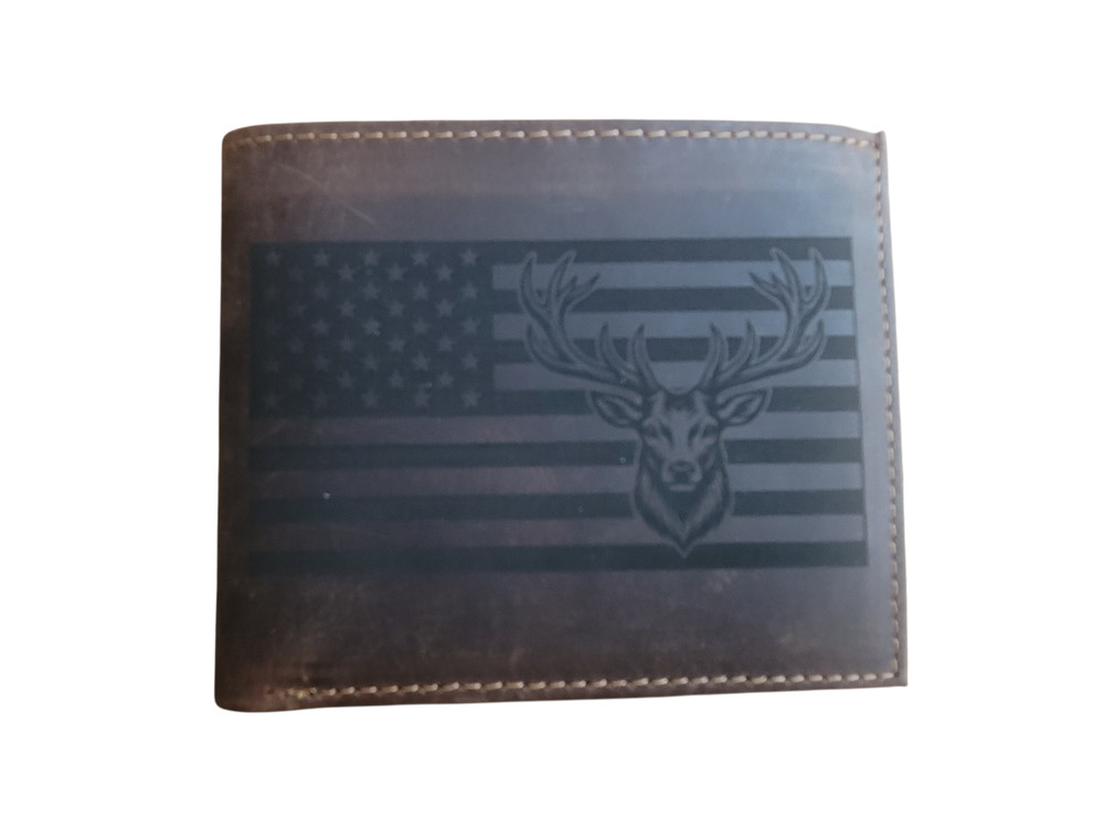 Genuine Rustic Buffalo Leather REFID Blocking Bifold Wallet - US Flag Deer