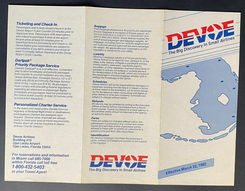 Devoe Airlines Timetable Effective March 22, 1982