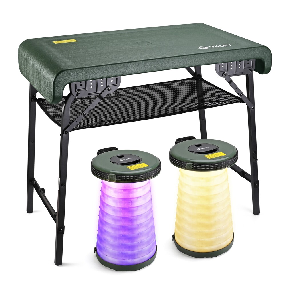 Portable Collapsible Stools Folding Camping Table Set Beach Table w/2PACK Stools