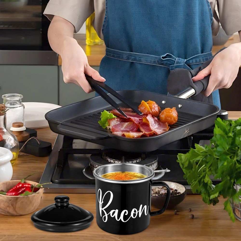 Bacon Grease Container with Strainer - Mini 15oz Enamel Grease Container, Far...