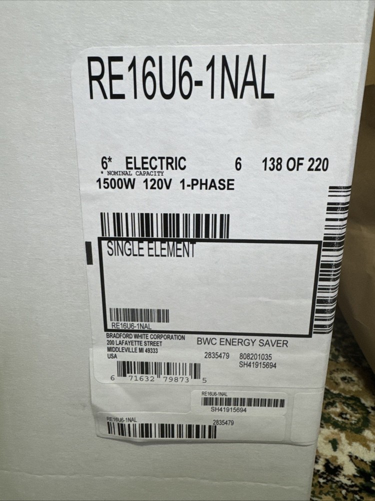 BRADFORD WHITE RE16U6-1NAL GALLON 1-PHASE AC ONLY AUTOMATIC STORAGE WATER HEATER