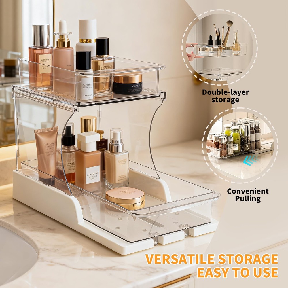 Jsyrjing Pull Out 2 Tier Under Sink Organizer Clear Cabinet 2 Pack,