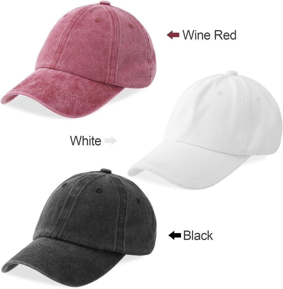 3 Pack Washed Plain Baseball Cap, Retro One Size, Black + White + Wine Red