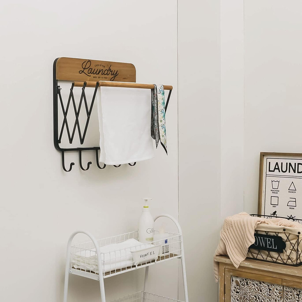 Accordion Laundry Rack, Retractable Wall Mounted Racks, 3 Bars & 5 Hooks for Dry