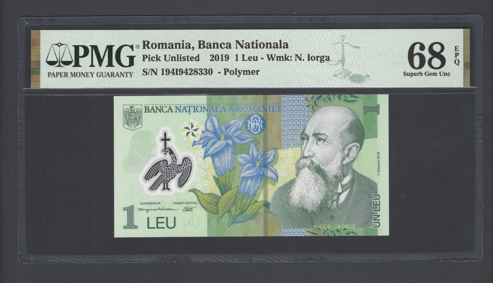 Romania One Leu 2019 Pick Unlisted "Polymer" Uncirculated Grade 68