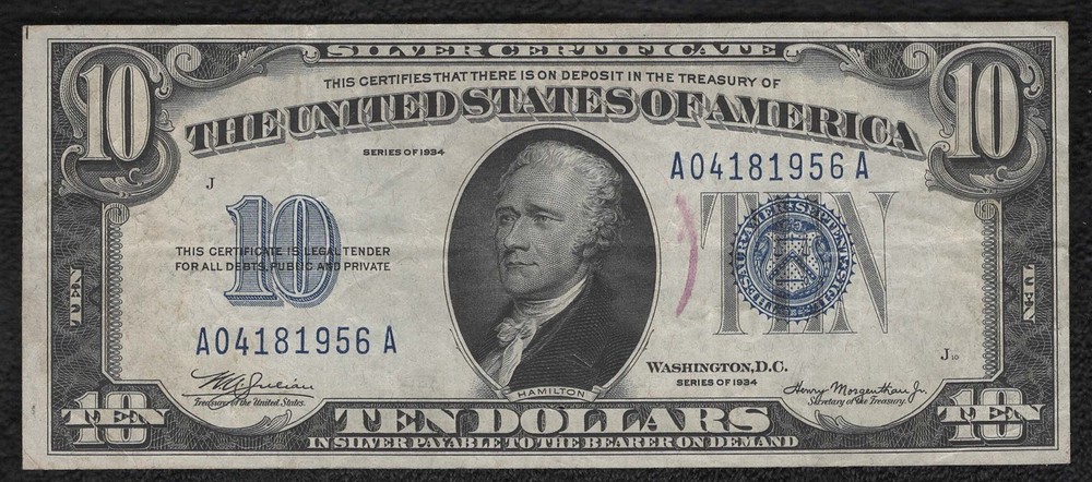 1934 $10 Small Silver Certificate "VF++"
