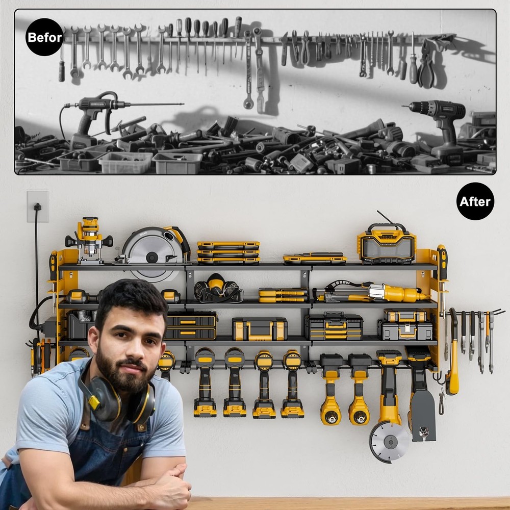12 Cordless Drill Holder Large Power Tool Organizer Wall Mount with Side Pegb...