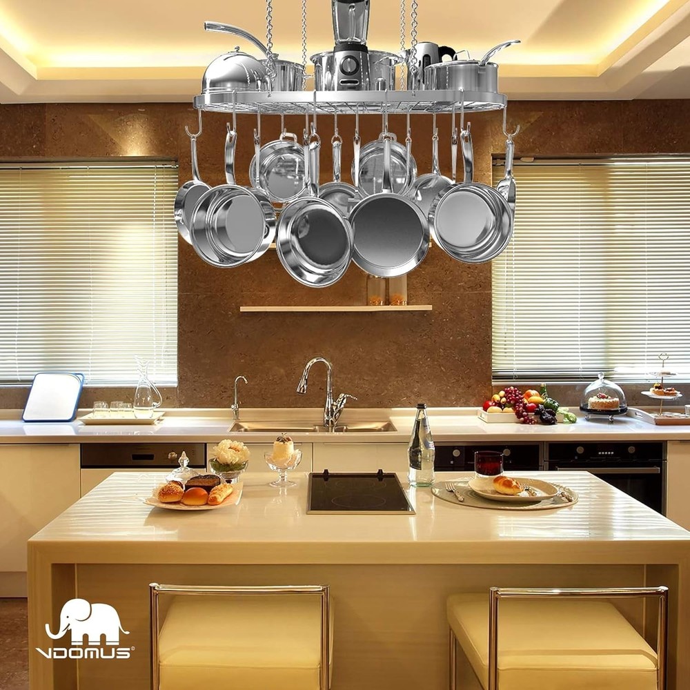 Hanging Pot Rack - Ceiling Mount Kitchen Organizer for Pots and Pans with 15 Hoo