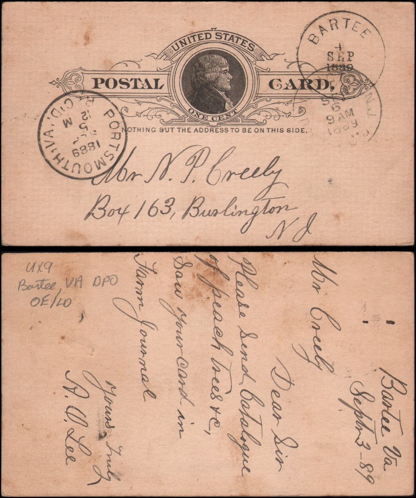 US #UX9 Bartee VA DPO, 1889