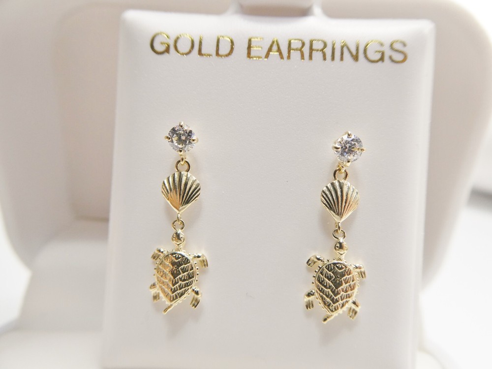 10K REAL SOLID YELLOW GOLD TURTLE DANGLING STYLE PUSH POST EARRINGS