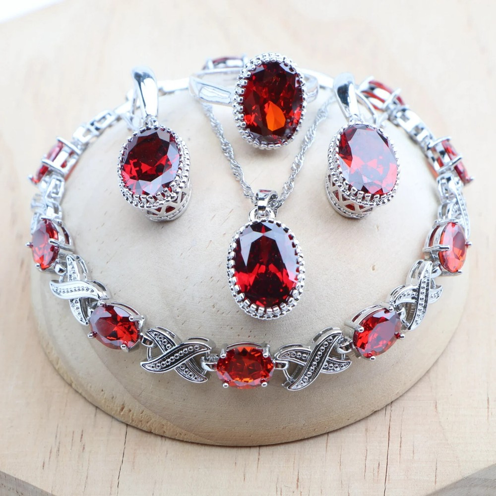 925 Silver CZ Oval Ruby Ring Earrings Bracelet Pendant Necklace Set