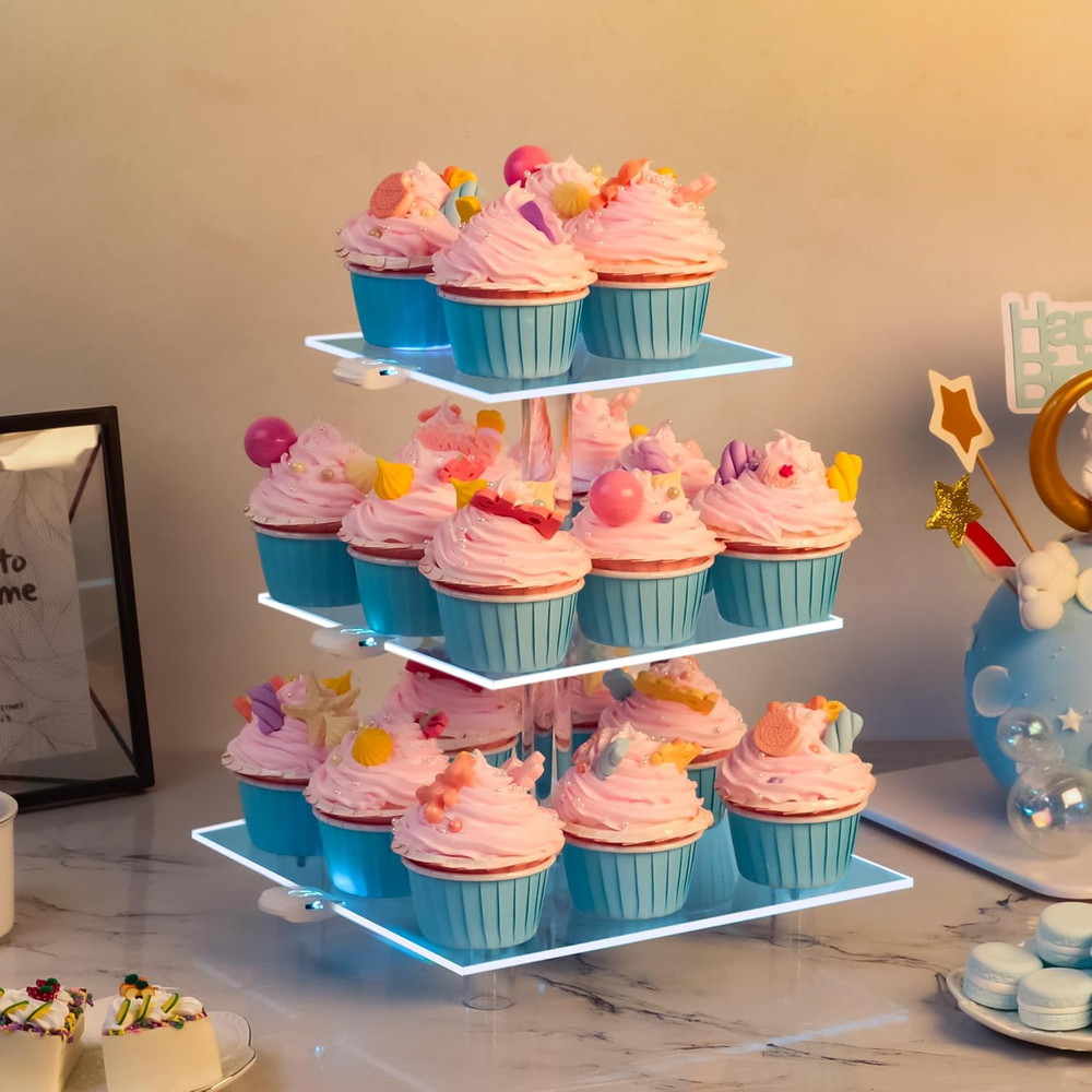 Cupcake Stand - 3 Tier Cupcake Tower with Rechargeable Light- Acrylic Cupcake...
