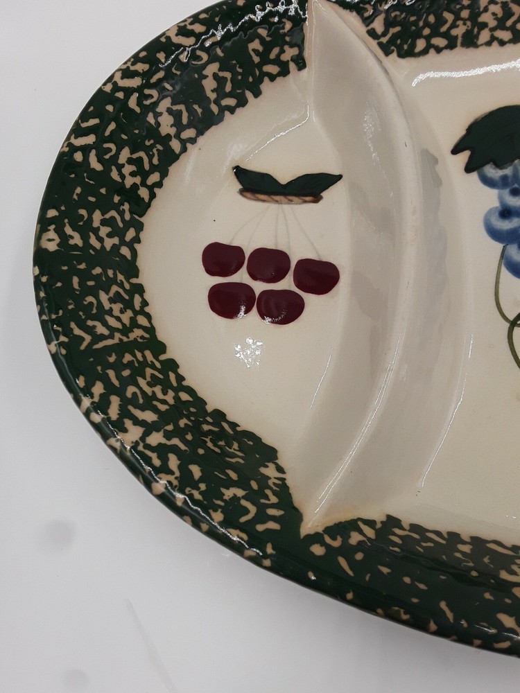 Three Compartment PLATTER Serving Tray Ceramic,Painted Fruit - 15.5" x 11" VTG