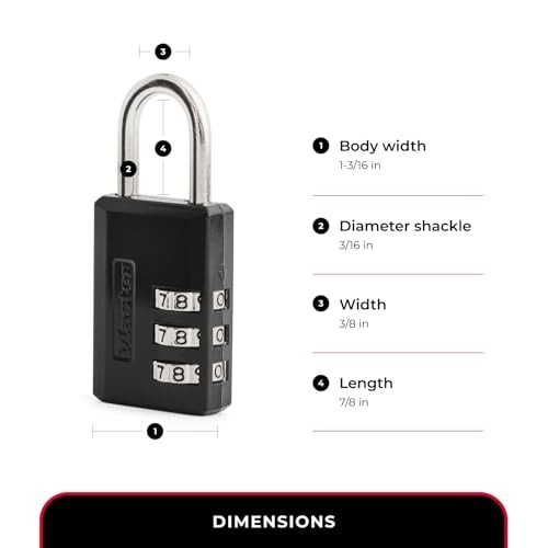 Master Lock Black Combination Padlock, Gym Locker Lock with 3-Digit Code
