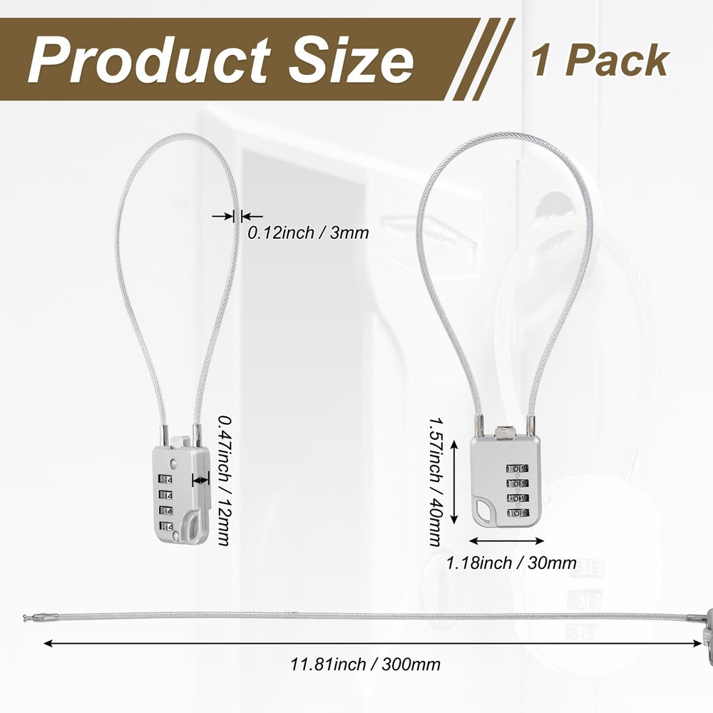 1-Pack Combination Padlock, 4 Digit 12 in Cable Luggage Lock [Silver Grey]
