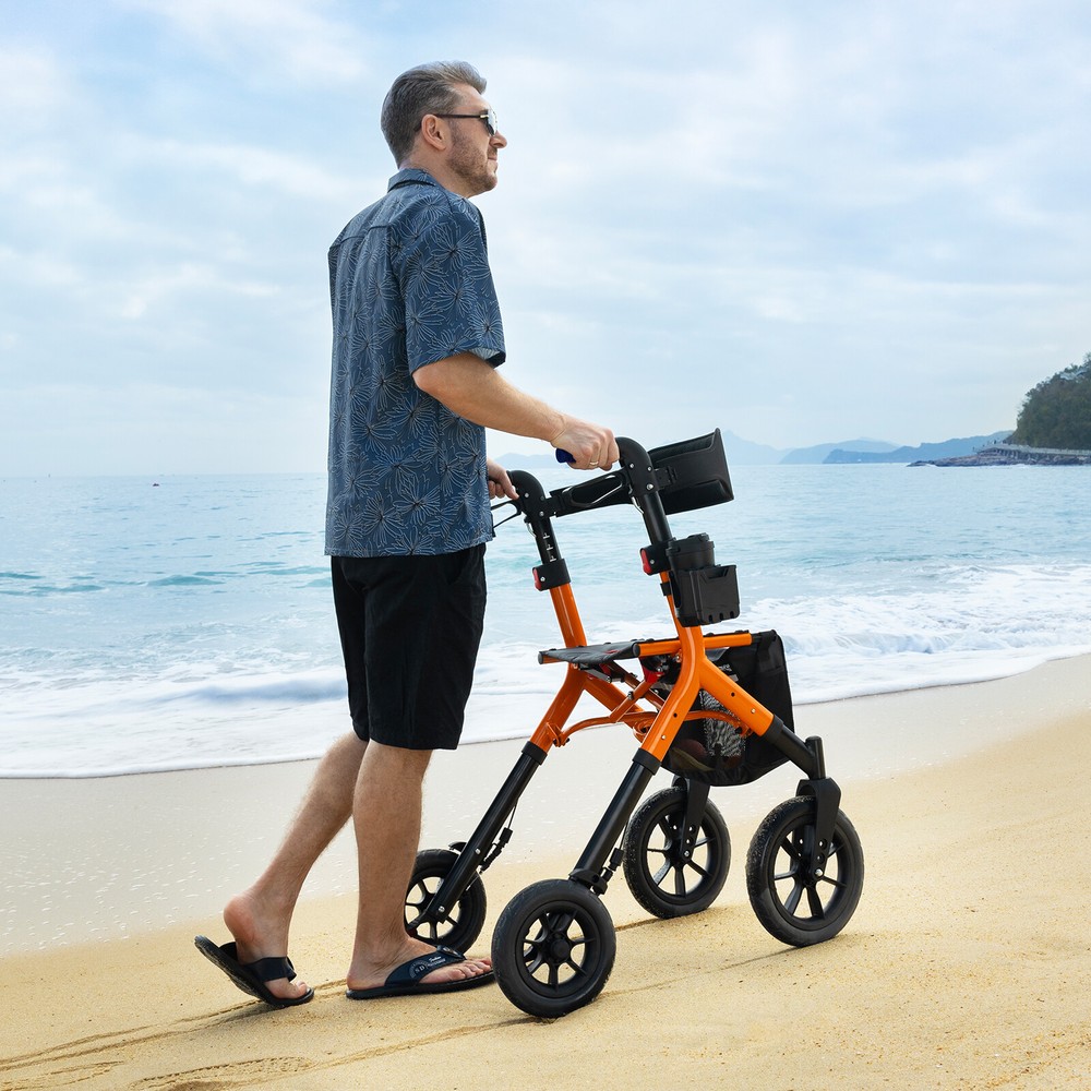 MAXWALK Rollator Walker 12in Rubber Wheels W/ Folding Mesh Backrest Adjust Seat