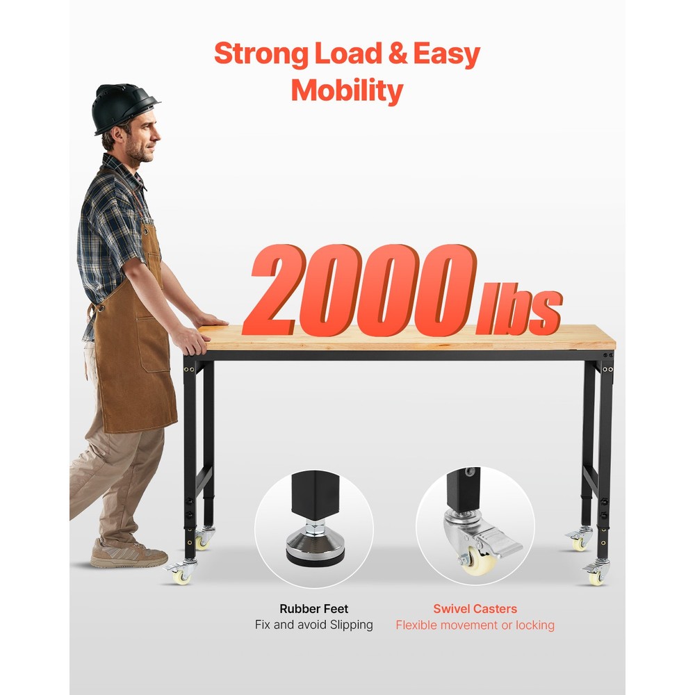 60" Workbench on Wheels Adjustable Height Table with Power Outlet & Pegboard