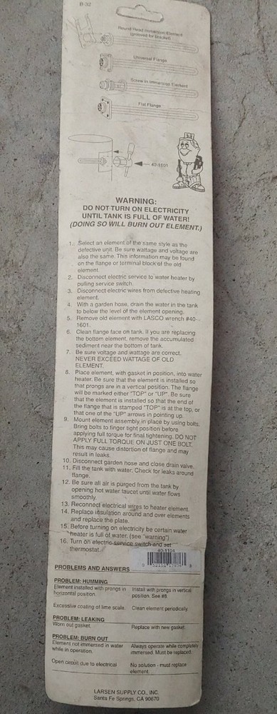 Lasco 40-1104 Standard 1500 Watts 120 V RD HD Water Heater Element