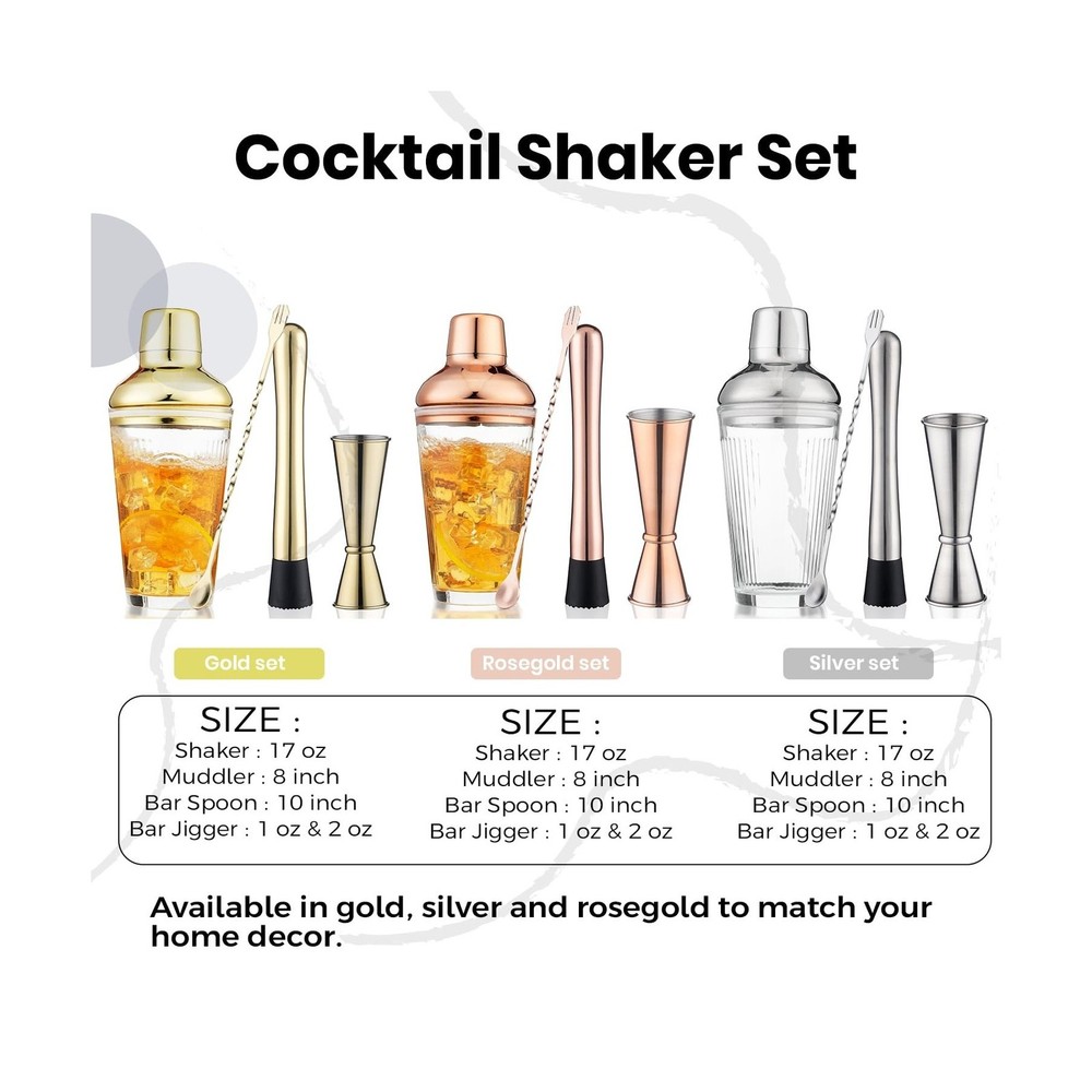 Silver Cocktail Shaker Set - Bartender Shaker Kit with Mixing Tools... Fast Ship