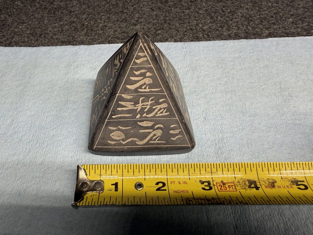 Vintage Egyptian Basalt Pyramid Hieroglyph Solid Stone Hand Carved