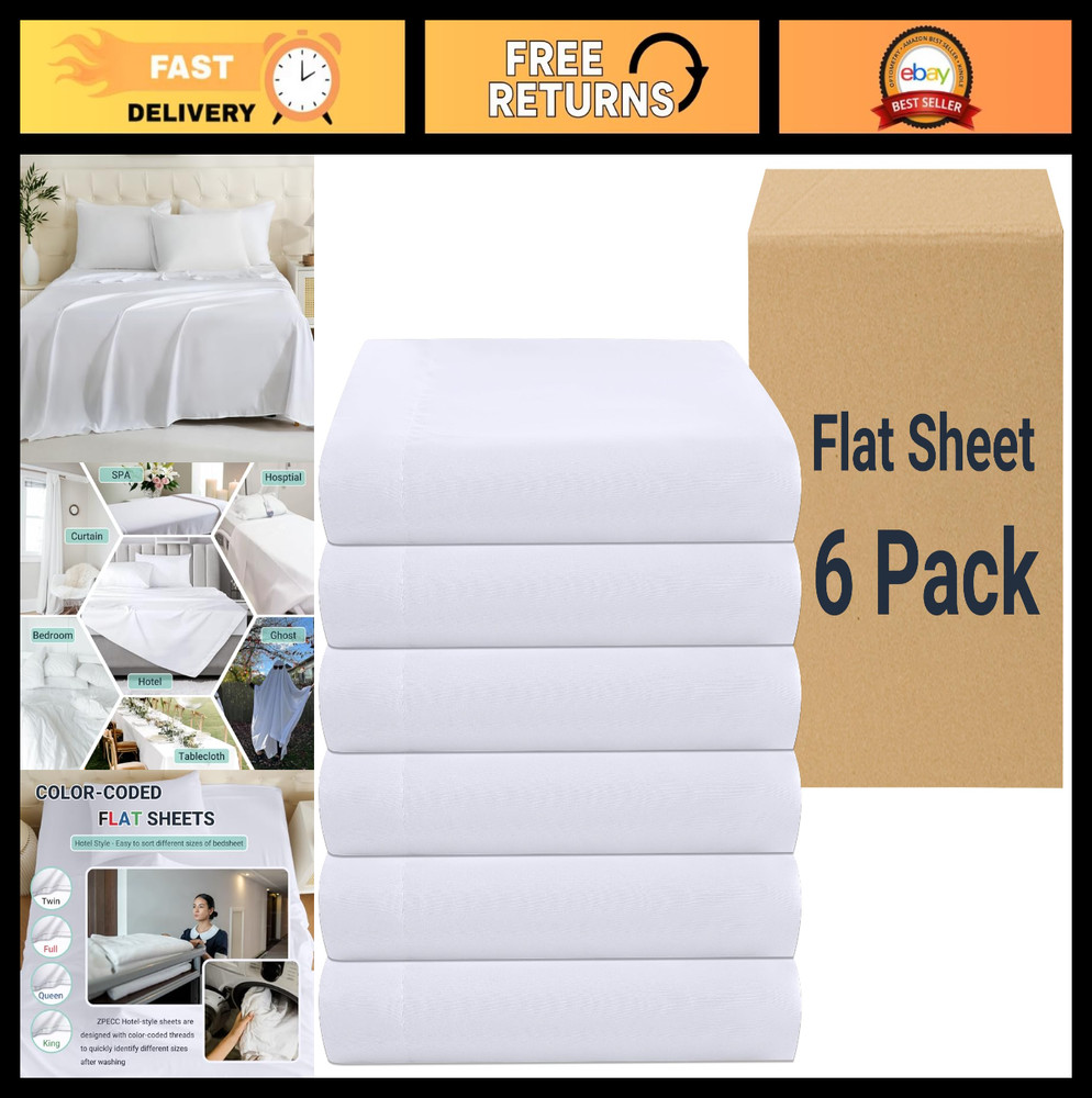 King Size Flat Bed Sheets 6 Pack - Soft Microfiber, Color-Coded Hem, Hotel Essen