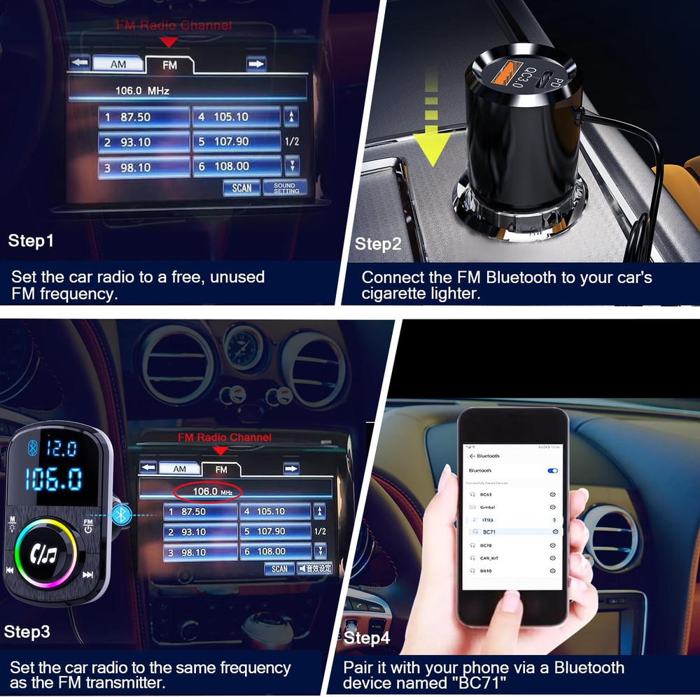 FM Transmitter, Hands Free Car Phone Kit Bluetooth, Support QC3.0 & PD Fast C...