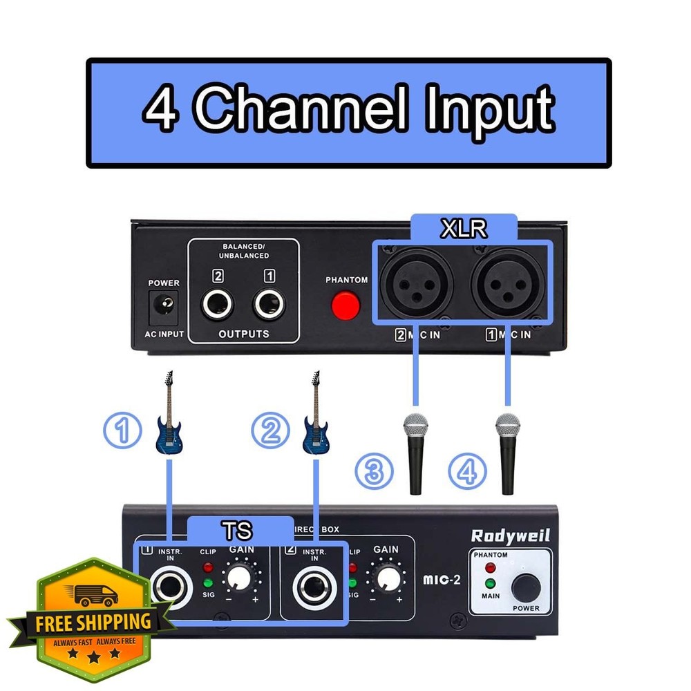 Rodyweil 4-Input Mic Preamp DI Box 65db