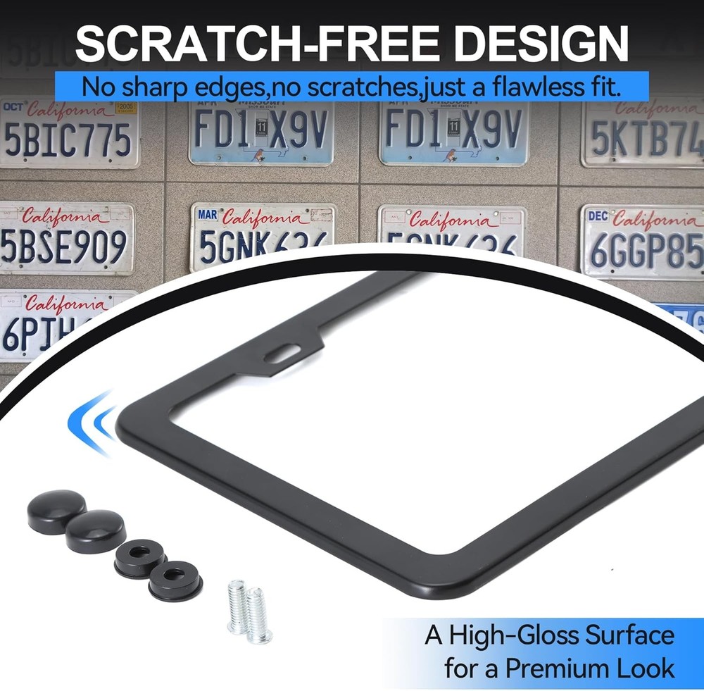 2PCS Matte Black License Plate Frames - No-Cover State Name - Premium Rust Proof