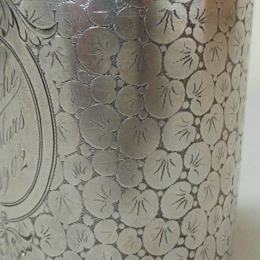 UNUSUAL ANTIQUE GERMAN .800 SILVER ENGRAVED BEAKER, dated 1902