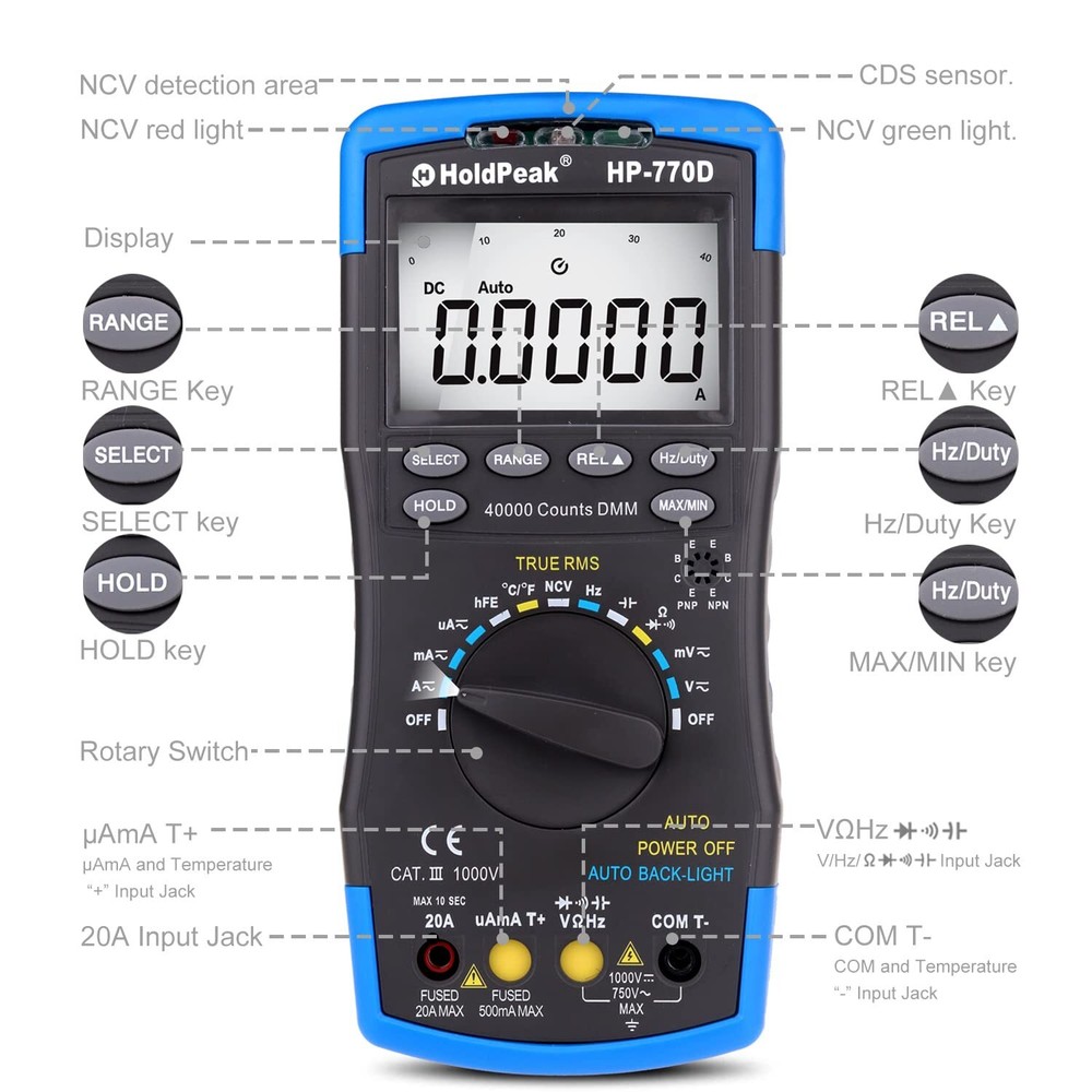 Holdpeak Digital Multimeter Auto Range 40000 Counts BarGraph AC/DC Volt AMP Test