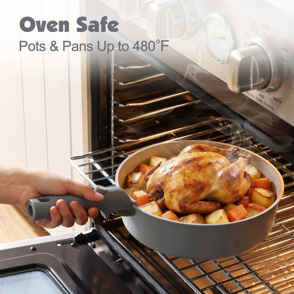 Cookware Set 18Pcs Ceramic Nonstick Detachable Handle Induction Gray