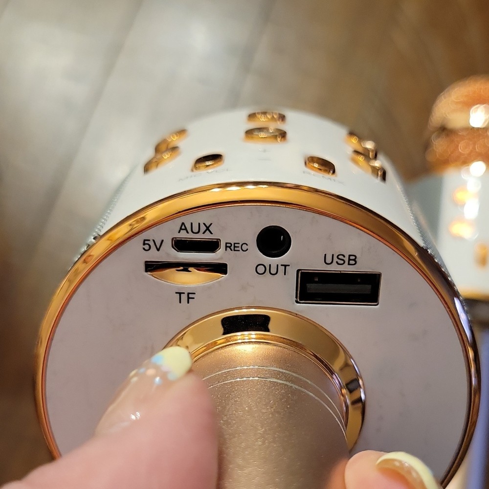 Cordless USB Handheld Karaoke Microphone Set Gold White On/Off Switch