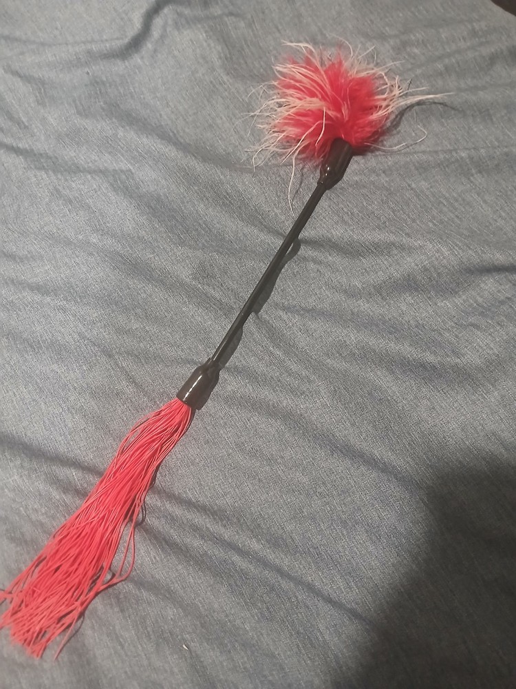 Red and black whip with feathers and silicone materials.