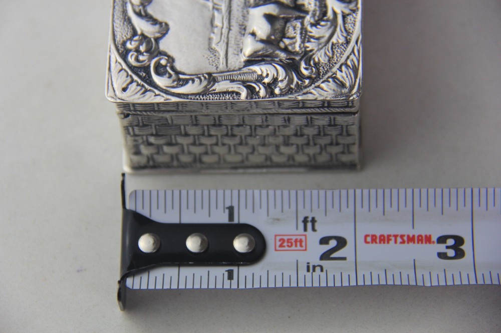 Antique German Hanau 800 Silver Rectangular Hinged Box w/ Embossed Farming Scene
