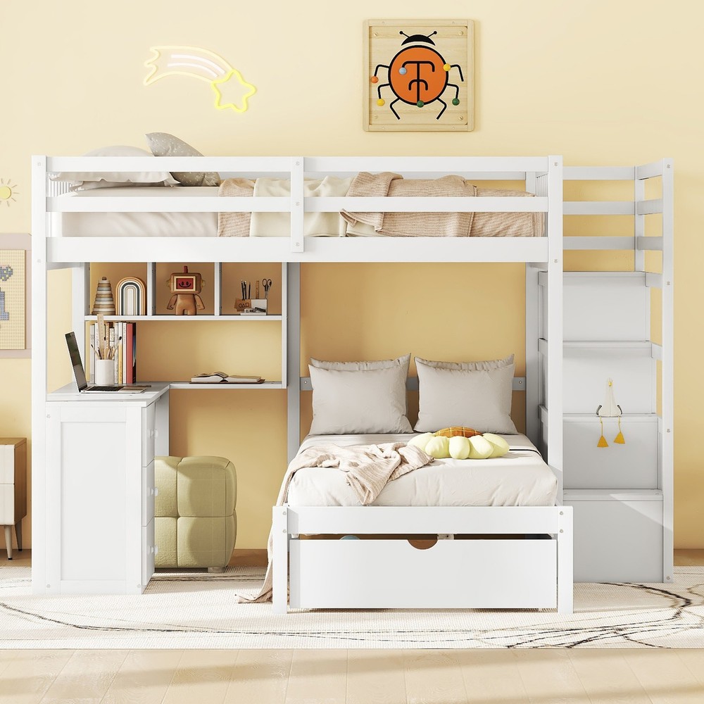 Twin Bunk Bed with Desk, Drawers & Bookcase, White Solid Wood Storage