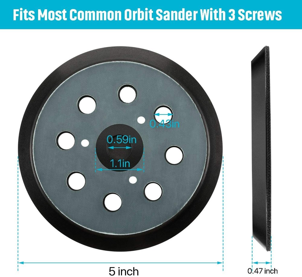 5" 8-Hole 3-Screw Hook and Loop Sanding Pad Orbital Sander Backing Replacement