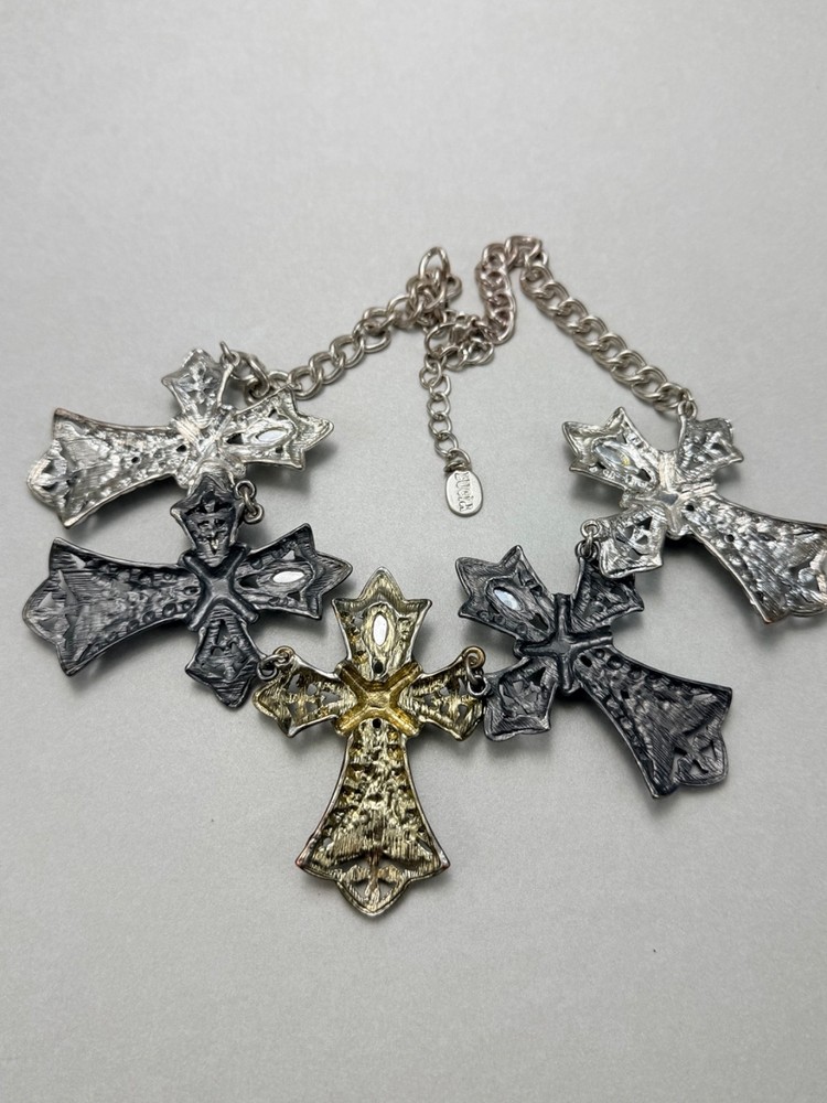 Statement Gothic Cross Necklace Silver Tone Rhinestones Chunky Lucía Signed
