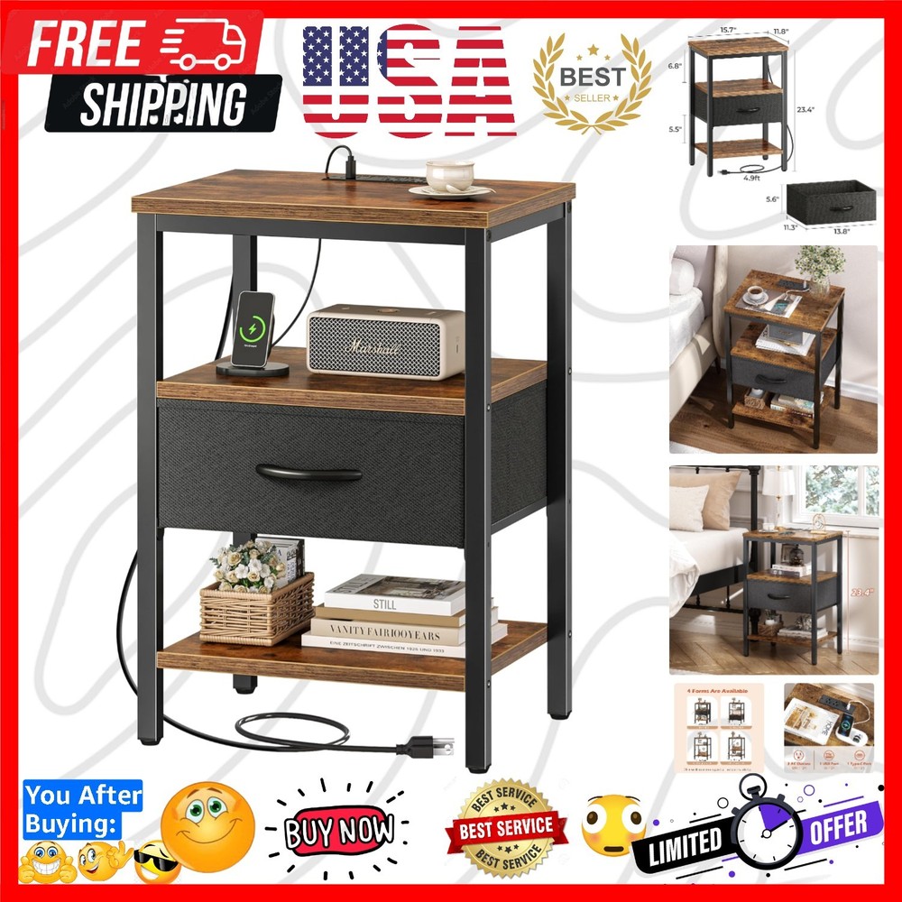 Nightstand with Charging Station, Bed Side Table with Adjustable Fabric Drawe...