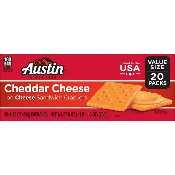 20 Cheddar Cheese Sandwich Crackers, Single Serving Snack Crackers