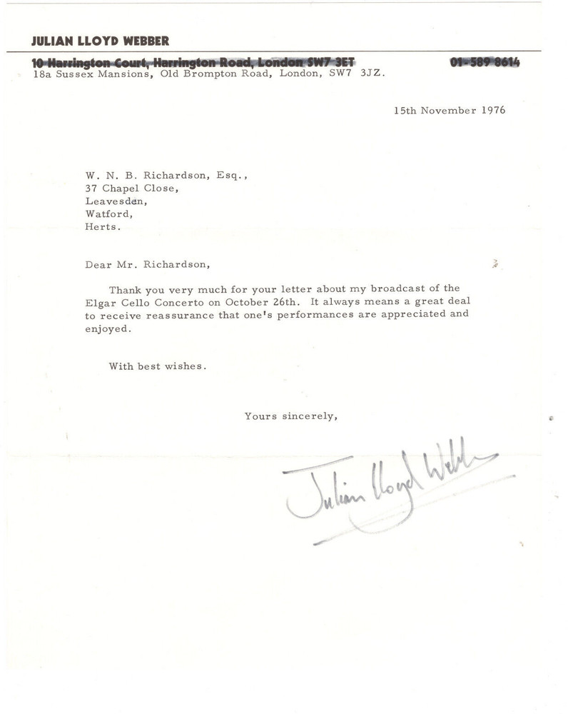 Julian Lloyd Webber Signed Letter 1976 / Autographed Composer
