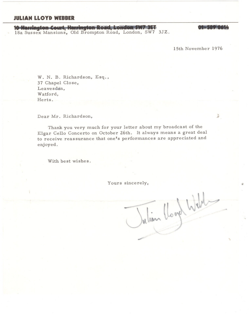 Julian Lloyd Webber Signed Letter 1976 / Autographed Composer
