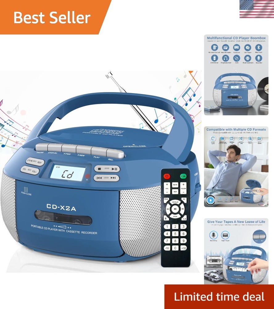 Compact Wireless Bluetooth Boombox with Cassette Player and Remote Functionality